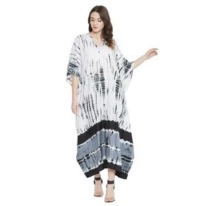 One Size Tie Dye White Grey Black Maxi Kaftan Oversized Swim Cover Up Dress